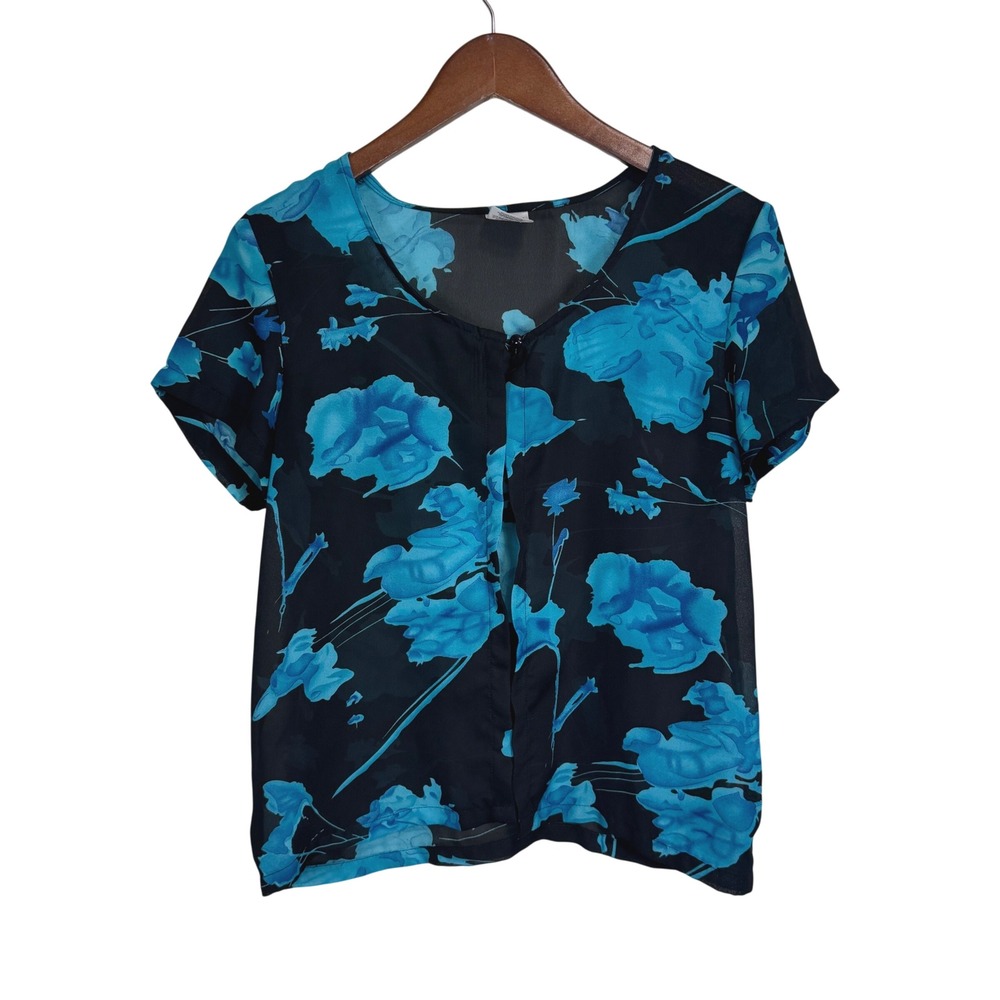 Premier International Ladies Y2K Black Blue Floral Split Front Top L